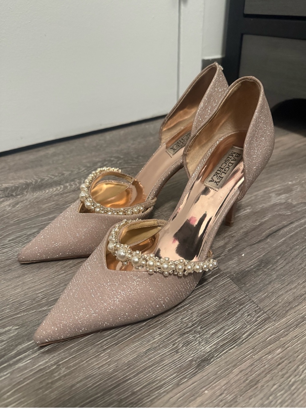 Badgley Mischka Blush Glitter Heels with Pearl Strap